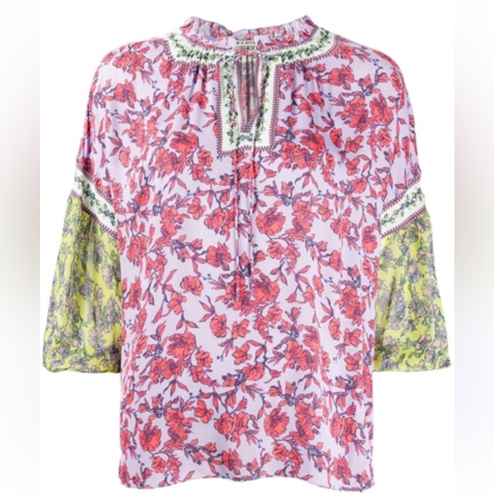 Alice + Olivia Pink Floral Boho Peasant Blouse with Green Accent
